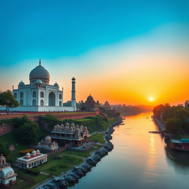 A breathtaking landscape image featuring the Taj Mahal, a beautiful Hindu temple, and the serene Ganga River