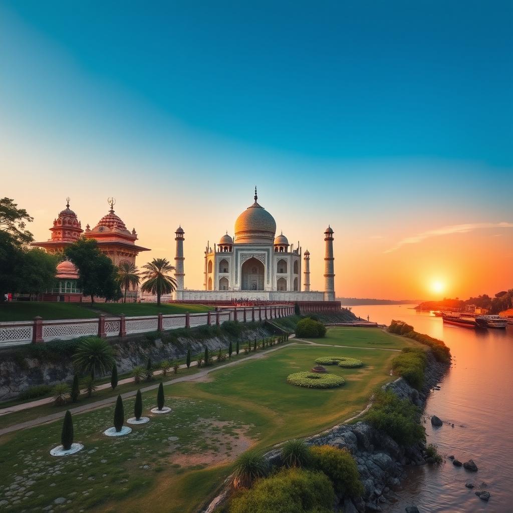 A breathtaking landscape image featuring the Taj Mahal, a beautiful Hindu temple, and the serene Ganga River