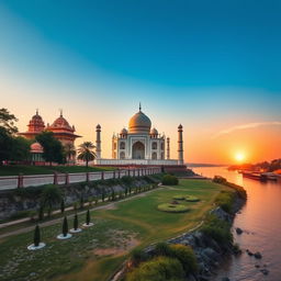 A breathtaking landscape image featuring the Taj Mahal, a beautiful Hindu temple, and the serene Ganga River