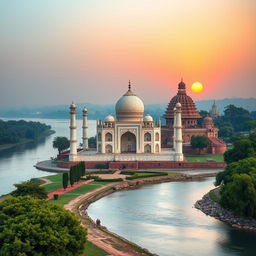 A breathtaking landscape image featuring the Taj Mahal, a beautiful Hindu temple, and the serene Ganga River