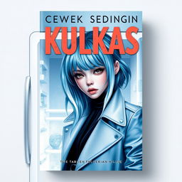 A striking book cover for a novel titled 'Cewek Sedingin Kulkas', featuring a stylish, cold-looking girl with icy blue hair and piercing eyes, wearing a fashionable outfit that conveys a sense of mystery and allure