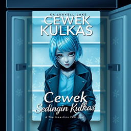 A striking book cover for a novel titled 'Cewek Sedingin Kulkas', featuring a stylish, cold-looking girl with icy blue hair and piercing eyes, wearing a fashionable outfit that conveys a sense of mystery and allure
