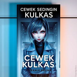 A striking book cover for a novel titled 'Cewek Sedingin Kulkas', featuring a stylish, cold-looking girl with icy blue hair and piercing eyes, wearing a fashionable outfit that conveys a sense of mystery and allure