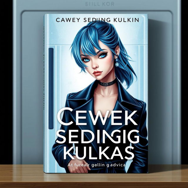 A striking book cover for a novel titled 'Cewek Sedingin Kulkas', featuring a stylish, cold-looking girl with icy blue hair and piercing eyes, wearing a fashionable outfit that conveys a sense of mystery and allure