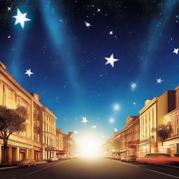 A stirring animated image bathed in celestial ambiance - a night sky teeming with twinkling stars is pierced by the dazzling beams of animated Hollywood spotlights, casting a dynamic and enthralling spectacle