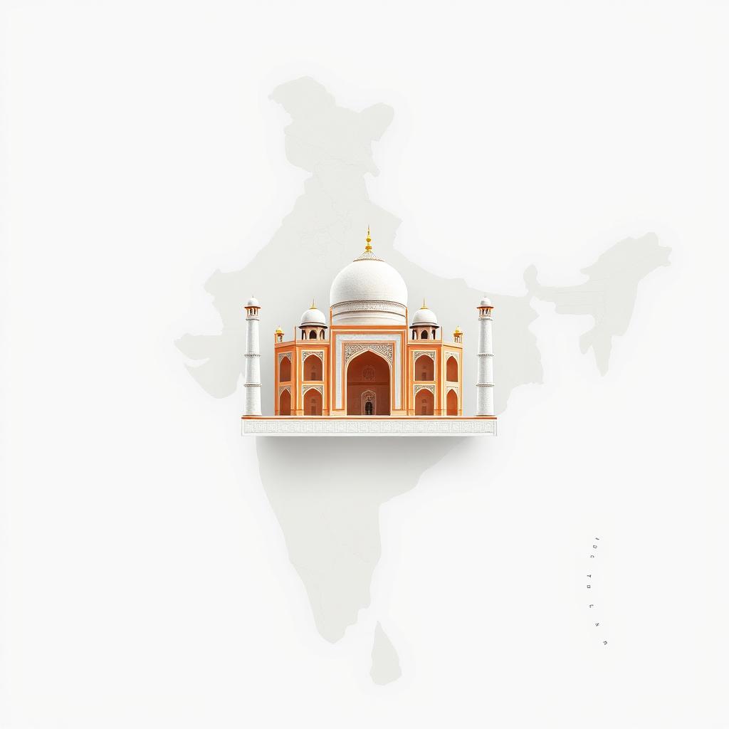 An outline map of India with a detailed illustration of the Taj Mahal integrated within it