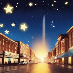 A stirring animated image bathed in celestial ambiance - a night sky teeming with twinkling stars is pierced by the dazzling beams of animated Hollywood spotlights, casting a dynamic and enthralling spectacle