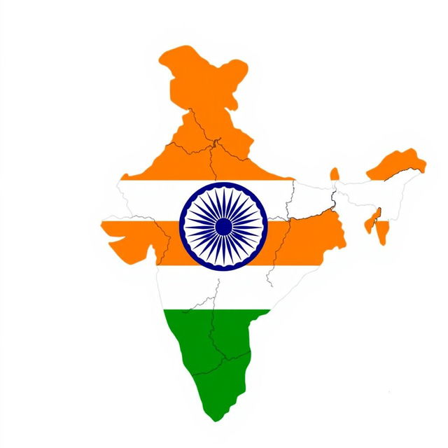 An outline map of India filled with the vibrant tricolor of the Indian flag: saffron, white, and green