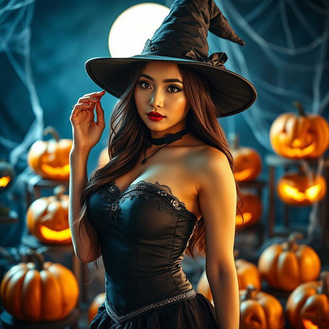 A sexy Asian woman dressed in a captivating Halloween costume