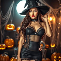 A sexy Asian woman dressed in a captivating Halloween costume