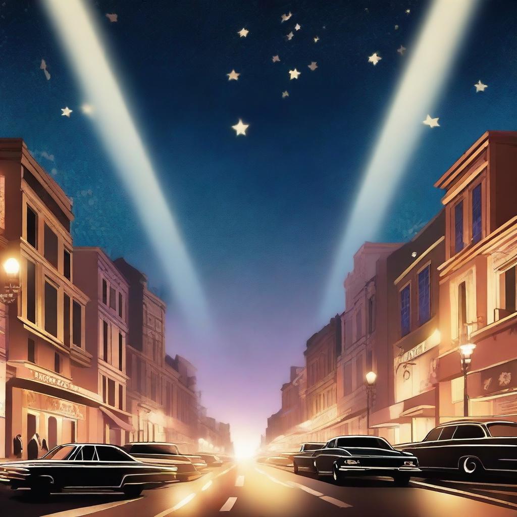 A stirring animated image bathed in celestial ambiance - a night sky teeming with twinkling stars is pierced by the dazzling beams of animated Hollywood spotlights, casting a dynamic and enthralling spectacle