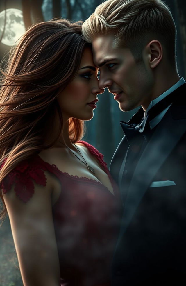 A captivating scene of a vampire romance between a strikingly handsome blonde man with sharp fangs and piercing blue eyes, dressed in an elegant black suit, and a mysterious brunette woman with flowing hair and mesmerizing green eyes, wearing a luxurious red gown with lace details