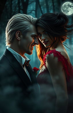 A captivating scene of a vampire romance between a strikingly handsome blonde man with sharp fangs and piercing blue eyes, dressed in an elegant black suit, and a mysterious brunette woman with flowing hair and mesmerizing green eyes, wearing a luxurious red gown with lace details