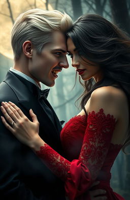 A captivating scene of a vampire romance between a strikingly handsome blonde man with sharp fangs and piercing blue eyes, dressed in an elegant black suit, and a mysterious brunette woman with flowing hair and mesmerizing green eyes, wearing a luxurious red gown with lace details