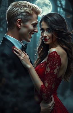 A captivating scene of a vampire romance between a strikingly handsome blonde man with sharp fangs and piercing blue eyes, dressed in an elegant black suit, and a mysterious brunette woman with flowing hair and mesmerizing green eyes, wearing a luxurious red gown with lace details