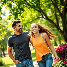 A cheerful scene of a young dad with short black hair and his teenage daughter enjoying their time in a lush green park