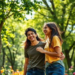 A cheerful scene of a young dad with short black hair and his teenage daughter enjoying their time in a lush green park