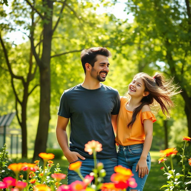 A cheerful scene of a young dad with short black hair and his teenage daughter enjoying their time in a lush green park