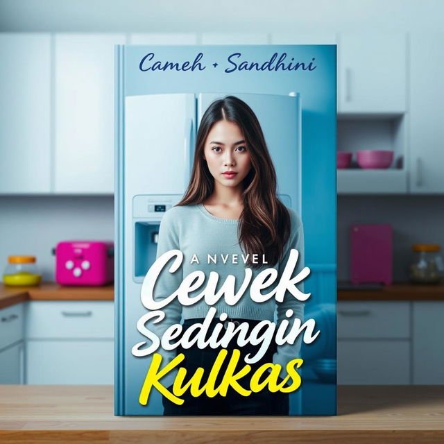 A stylish and eye-catching book cover for a novel titled 'Cewek Sedingin Kulkas'