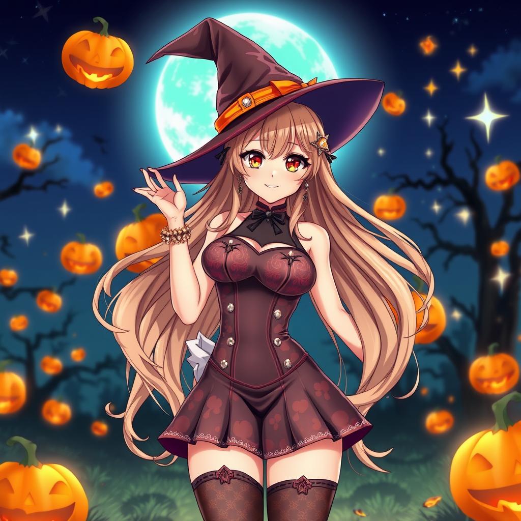 A sexy anime-style character dressed in a stunning Halloween costume