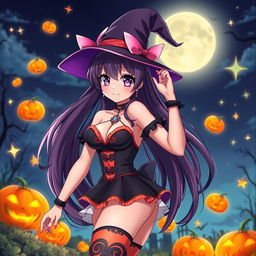 A sexy anime-style character dressed in a stunning Halloween costume