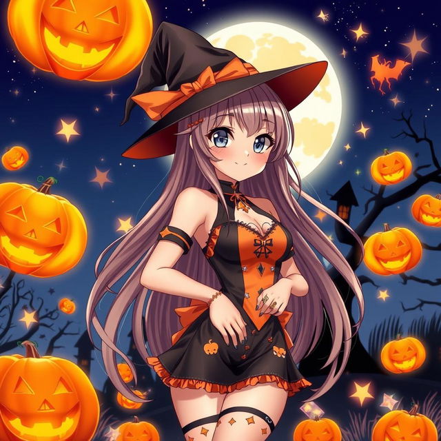 A sexy anime-style character dressed in a stunning Halloween costume