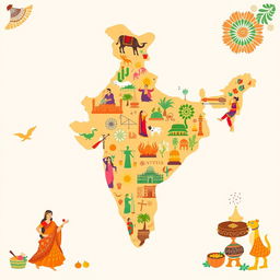 An outline map of India artistically filled with representations of Indian culture