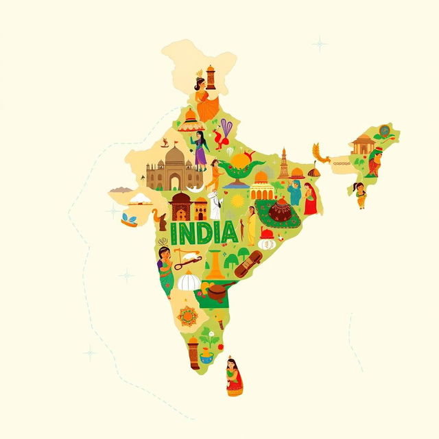 An outline map of India artistically filled with representations of Indian culture