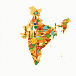 An outline map of India artistically filled with representations of Indian culture