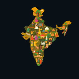 An outline map of India artistically filled with representations of Indian culture
