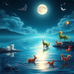 A stunning, serene moonlit lake reflecting the bright full moon in the night sky