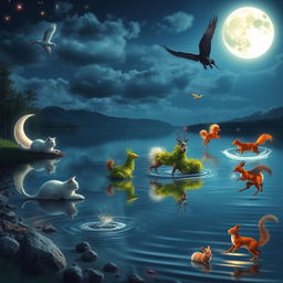 A stunning, serene moonlit lake reflecting the bright full moon in the night sky