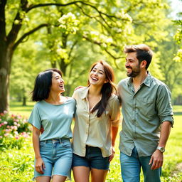 A joyful scene of a young mom with short black hair, her partner who is a young dad, and their teenage daughter enjoying a beautiful day in a lush green park