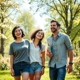 A joyful scene of a young mom with short black hair, her partner who is a young dad, and their teenage daughter enjoying a beautiful day in a lush green park