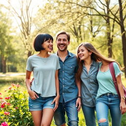 A joyful scene of a young mom with short black hair, her partner who is a young dad, and their teenage daughter enjoying a beautiful day in a lush green park