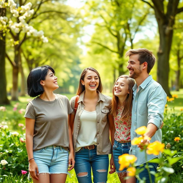 A joyful scene of a young mom with short black hair, her partner who is a young dad, and their teenage daughter enjoying a beautiful day in a lush green park