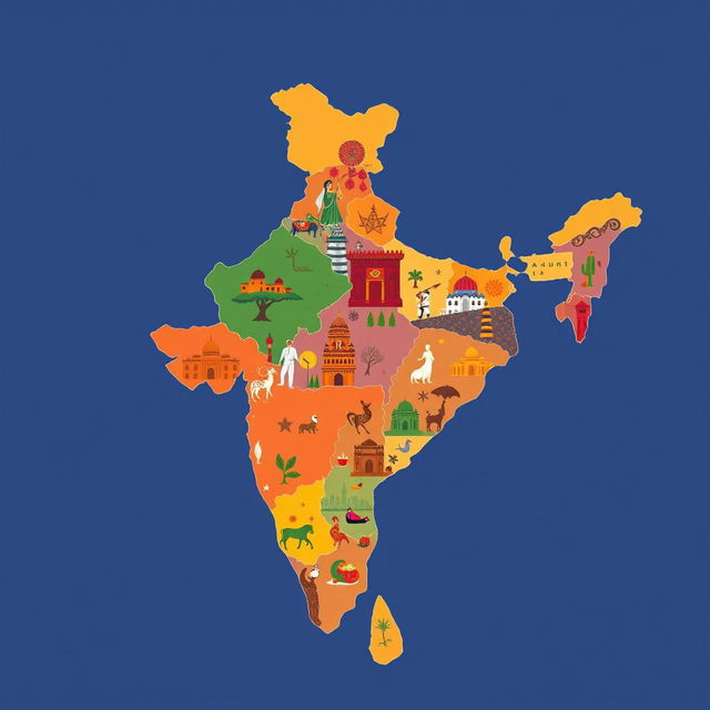 An outline map of India depicting each state with vibrant representations of their unique cultures