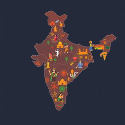 An outline map of India depicting each state with vibrant representations of their unique cultures