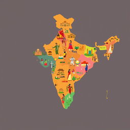 An outline map of India depicting each state with vibrant representations of their unique cultures
