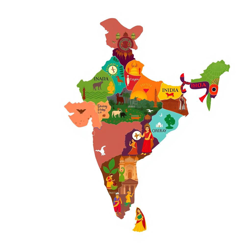 An outline map of India depicting each state with vibrant representations of their unique cultures