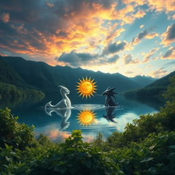 A breathtaking landscape featuring a serene lake surrounded by lush greenery