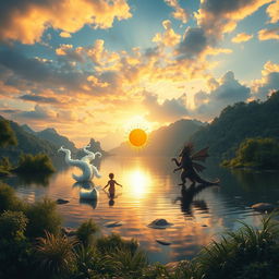 A breathtaking landscape featuring a serene lake surrounded by lush greenery