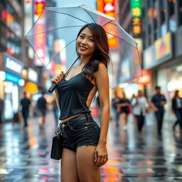 A sexy Asian woman standing confidently on a bustling street, wearing a stylish black top that complements her figure and sexy short jeans that highlight her legs