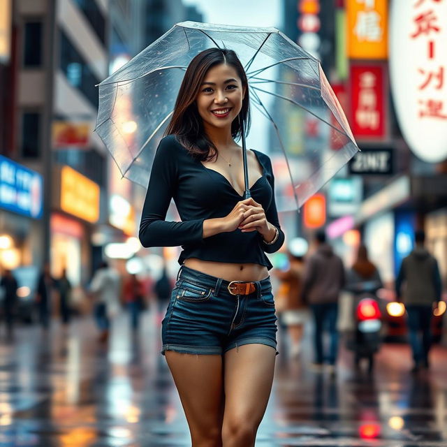 A sexy Asian woman standing confidently on a bustling street, wearing a stylish black top that complements her figure and sexy short jeans that highlight her legs