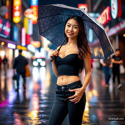 A sexy Asian woman standing confidently on a bustling street, wearing a stylish black top that complements her figure and sexy short jeans that highlight her legs