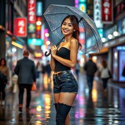 A sexy Asian woman standing confidently on a bustling street, wearing a stylish black top that complements her figure and sexy short jeans that highlight her legs