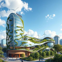 A stunning futuristic sustainable commercial building design, showcasing a blend of glass and greenery with solar panels and wind turbines integrated into the architecture