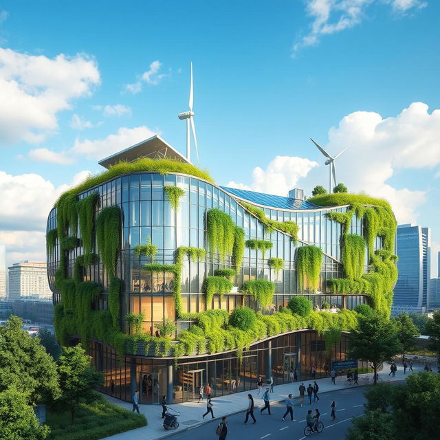 A stunning futuristic sustainable commercial building design, showcasing a blend of glass and greenery with solar panels and wind turbines integrated into the architecture