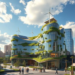 A stunning futuristic sustainable commercial building design, showcasing a blend of glass and greenery with solar panels and wind turbines integrated into the architecture