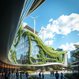 A stunning futuristic sustainable commercial building design, showcasing a blend of glass and greenery with solar panels and wind turbines integrated into the architecture